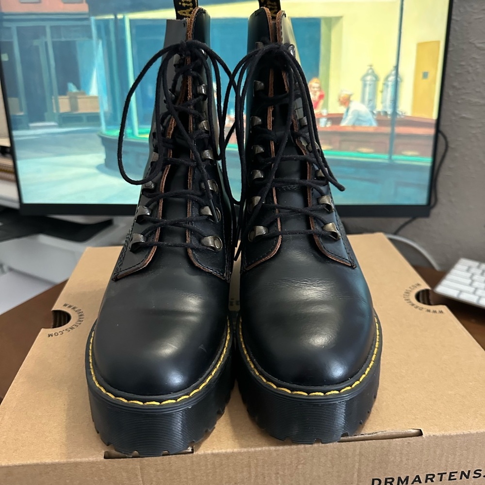 Dr. Martens Black Leona Boots with Yellow Stitching